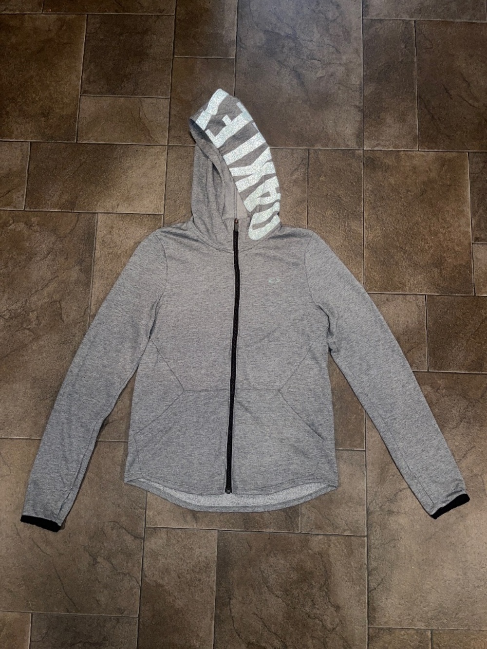 Oakley Women’s Gray Zip Up Logo Hooded Fleece Lined Jacket Size Small
